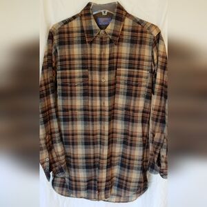 Pendleton Mens VTG Wool Brown Black Tan Rust Plaid Shirt Size 15.5